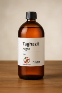 Bouteille de 1 litre d’huile d’argan pure Taghazit, pressée à froid, artisanale du Maroc