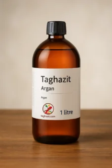 Bouteille de 1 litre d’huile d’argan pure Taghazit, pressée à froid, artisanale du Maroc